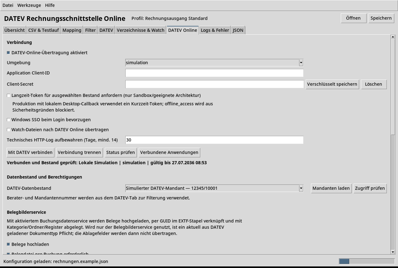 DATEV-Schnittstelle von OREONX: Hauptfenster mit Mapping-Profil und dem Bereich DATEV Online.