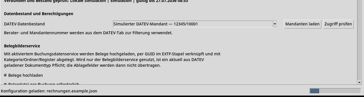 Auswahl und Prüfung eines DATEV-Datenbestands in der Schnittstelle, darunter die Einstellungen des Belegbilderservice.