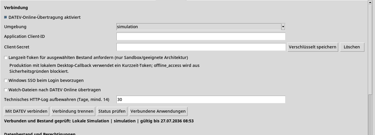Verbindungseinstellungen der DATEV-Schnittstelle: Umgebung, Application Client-ID, Client-Secret sowie Sitzungsfunktionen zum Verbinden, Trennen und Prüfen des Status.